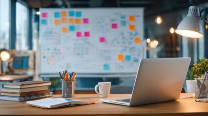 Naklejka premium Modern Workspace: A contemporary office setup with an open laptop, scattered stationery, and a functional whiteboard covered with sticky notes.