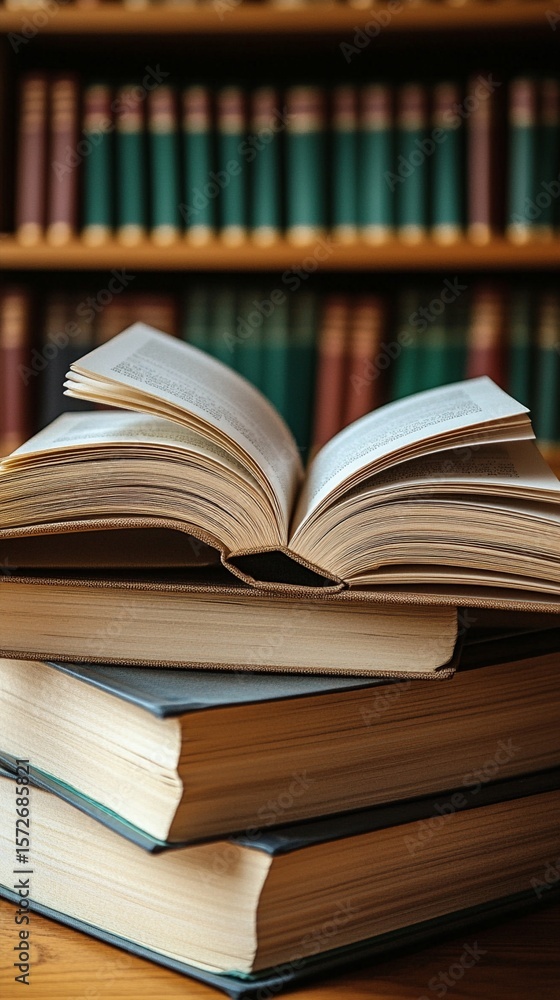 Poster an open book rests atop a stack of closed books, with a blurred bookshelf of vintage volumes in soft