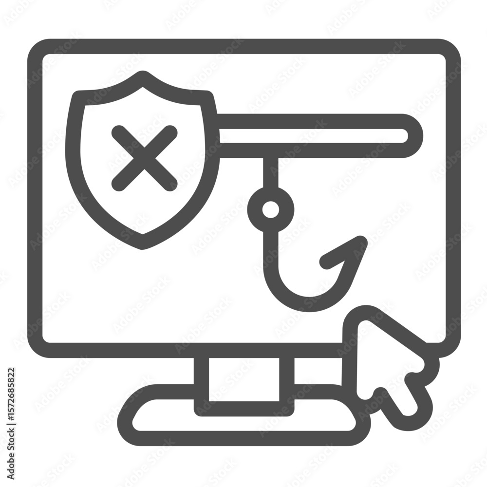Fototapete Display of unsecure connection with hook line icon, data safety concept. Vector graphics. Fraud screen and mouse cursor sign on white background, outline style icon for mobile or web design.
