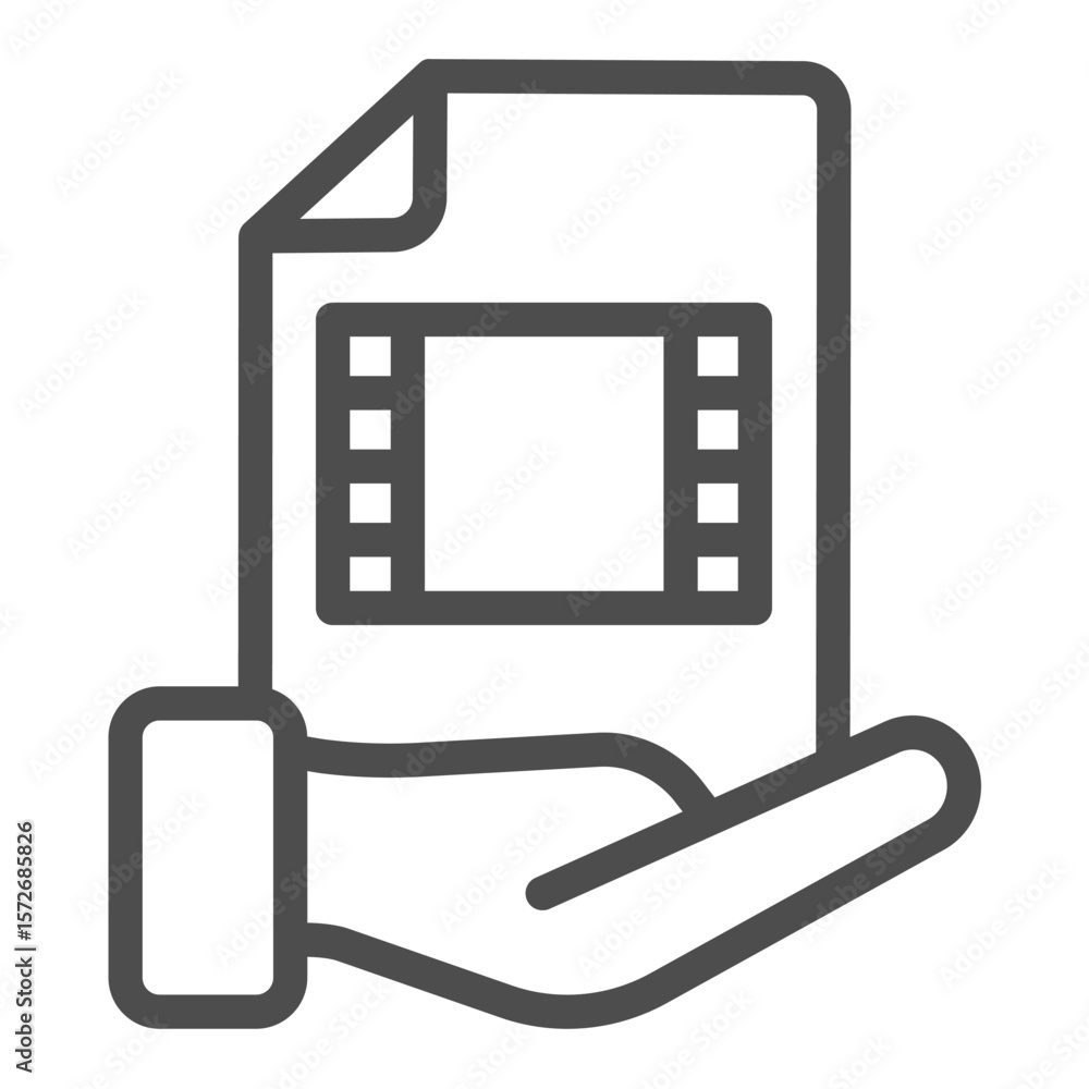 Poster file of movie in hand line icon, data hoarding concept. vector graphics. movie library video file sh