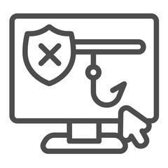 Display of unsecure connection with hook line icon, data safety concept. Vector graphics. Fraud screen and mouse cursor sign on white background, outline style icon for mobile or web design.