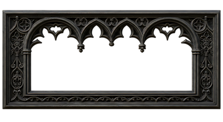 Detailed Gothic architecture is showcased in this black frame with a transparent background and an aged metal appearance.