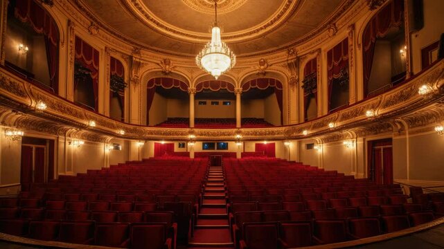 Grand theater with ornate balcony and chandelier, empty red seats
