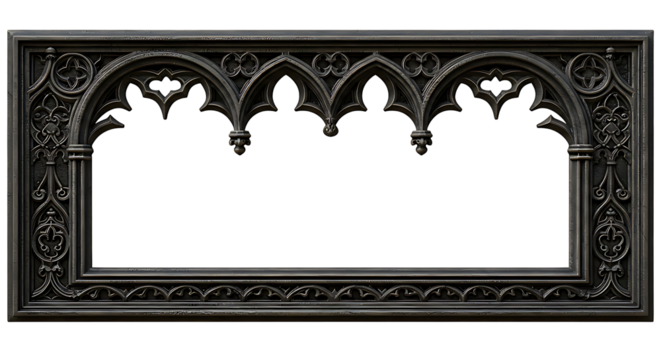 Detailed Gothic architecture is showcased in this black frame with a transparent background and an aged metal appearance.