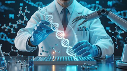 Scientist and robotic arm manipulating DNA model in high-tech lab, symbolizing genetic engineering, biotechnology, and human-machine collaboration