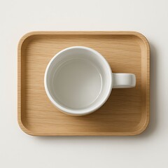 Overhead view of a white ceramic mug placed on a light brown wooden tray, isolated on a white background.