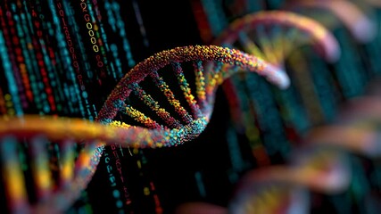A striking overlay of vibrant DNA strands against a backdrop of intricate binary code illustrating the dynamic relationship between biotechnology and programming in modern research. - Powered by Adobe