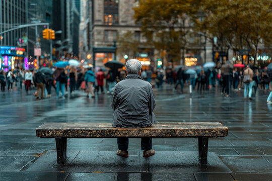 A lone figure sits on a bench, observing the bustling city around him, evoking a sense of contemplation amidst the rainy chaos of urban life.