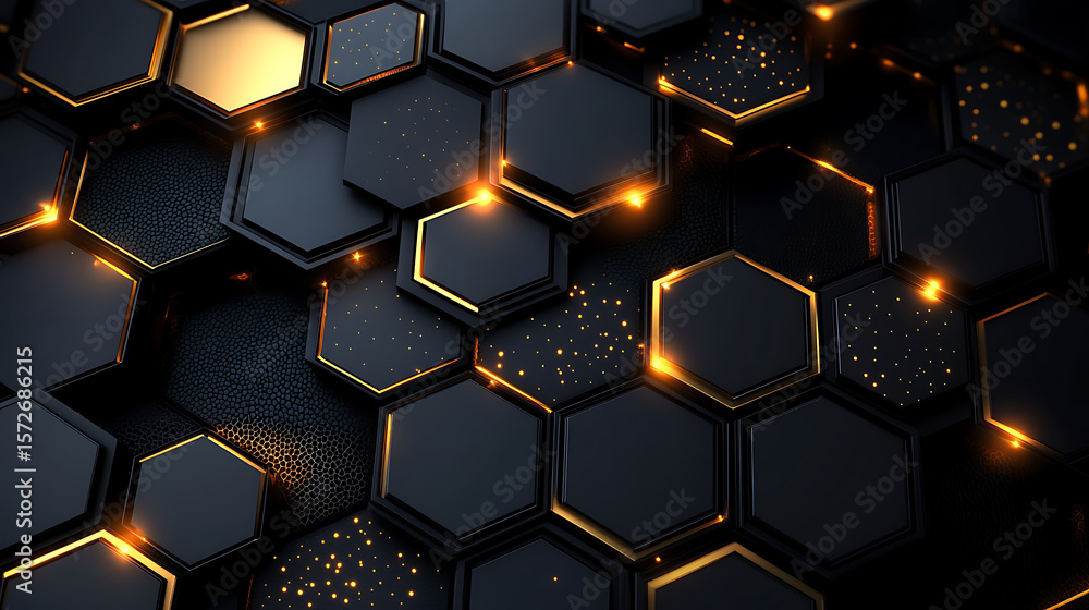 Poster luxury abstract golden hexagonal pattern with radiant metallic shine, intricate geometric design, an