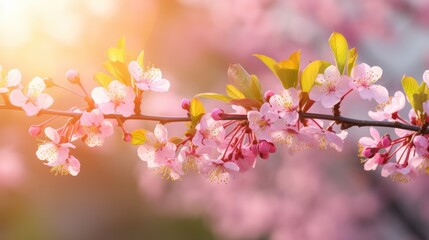 Pink and white cherry blossoms bloom beautifully on a branch, showcasing the season's delicate floral beauty