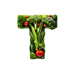 The letter T made from various vegetables. Fresh, healthy, and eco-friendly food.