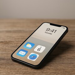 Smartphone displaying its home screen with app icons and time on a wooden surface.