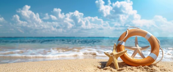 Idyllic tropical beach scene with starfish and a life preserver ring