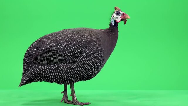 Guinea Fowl on Green Screen: Exotic Bird Portrait