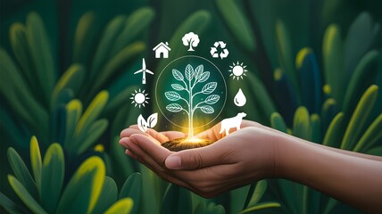 Hands holding soil with seedling and sustainability icons, symbolizing environmental protection, green technology, and eco-conscious growth