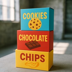 Colorful stacked boxes of cookies, chocolate, and chips, displayed on a table.