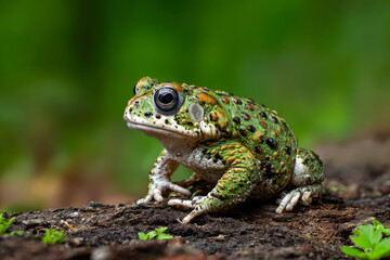 Fototapeta premium This striking close-up captures a colorful frog resting on a log, showcasing its intricate patterns and vibrant green hues against a soft, blurred background.