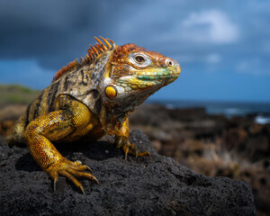 Obraz premium A stunning marine iguana basks on a volcanic rock, showcasing its vibrant colors against a dramatic coastal backdrop, highlighting the unique wildlife of the Gal?pagos Islands.