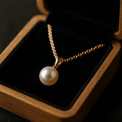 Elegant pearl necklace displayed inside a wooden jewelry box against a dark background.