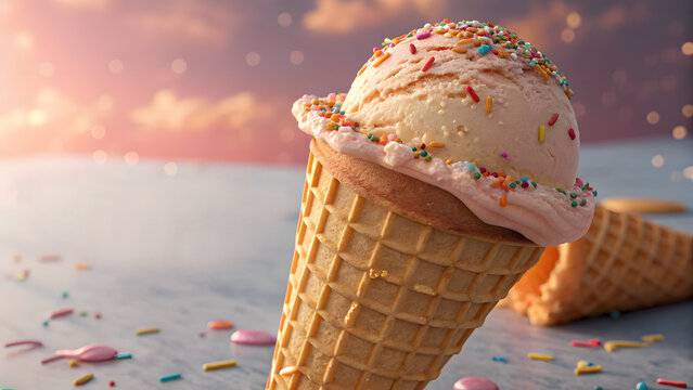 Peach Ice Cream Single Scoop with Colorful Sprinkles in Waffle Cone, Peach Ice Cream Day, icream day, ice cream with cone, ice cream template