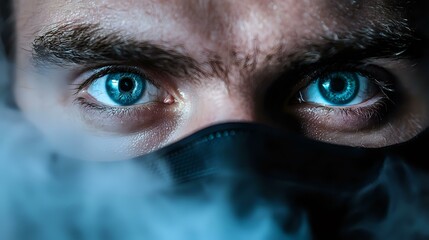 Close-up view of intense bright blue eyes with dark eyebrows against black fabric covering lower face, creating mysterious and dramatic atmosphere for conceptual designs.