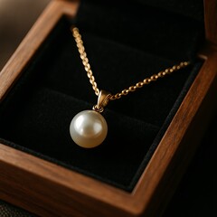 A close-up shot of a pearl necklace resting inside a wooden jewelry box.