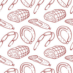 Seamless line art style pattern with sausage and ham on white background. Perfect for butcher shop package, kitchen wallpaper, menu cafe or traditional meat cuisine design.