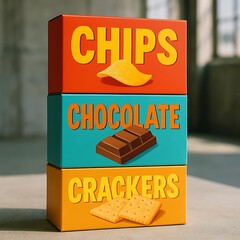 Stacked boxes displaying chips, chocolate, and crackers, each with a corresponding image and bold text on colorful backgrounds.