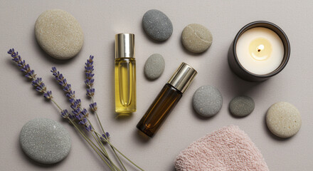 Aromatherapy Roller Bottles with Lavender, Candle, and Smooth Stones on a Flat Surface