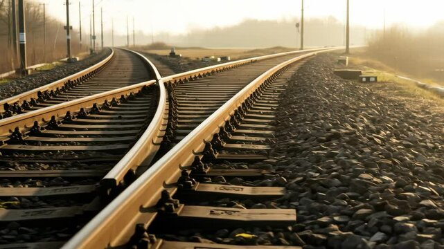 Railway tracks diverging with railway switches, transportation and travel concept. Infrastructure, railroad, transport, landscape.