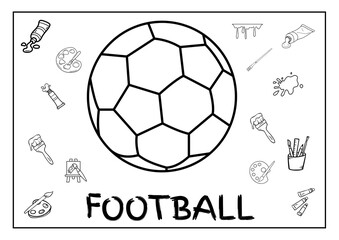 Football coloring book page with a large soccer ball illustration in the center, surrounded by art supplies and painting tools
