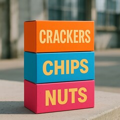 Colorful snack boxes stacked, displaying crackers, chips, and nuts.