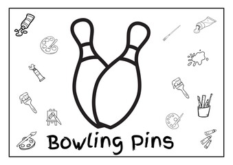 Bowling pins coloring book page with two large bowling pin illustrations in the center, surrounded by art supplies and painting tools
