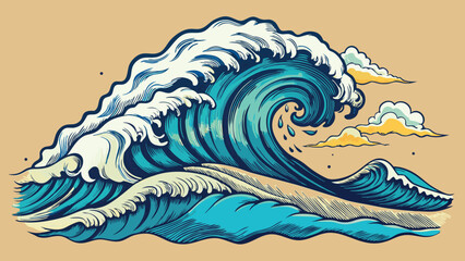 Vector art of a powerful ocean wave with clouds creates a vintage nautical illustration