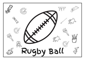 Rugby ball coloring page with art supplies and paint elements, black and white outline illustration for kids and art activities
