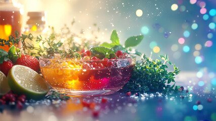 Colorful fruit punch with herbs and berries