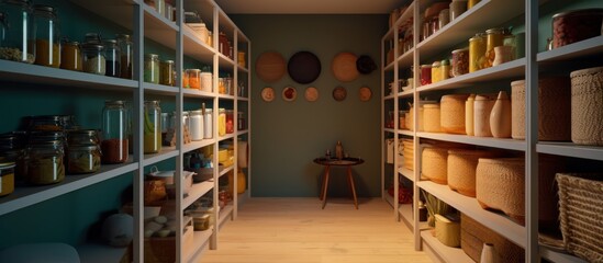 Obraz premium A lone worker in an old, industrial warehouse organizes boxes on shelves, a scene common in many a busy business or factory