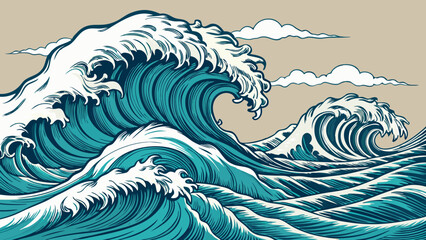 Vector art of a vintage illustration depicts powerful ocean waves crashing under a cloudy sky, evoking a sense of natures raw energy