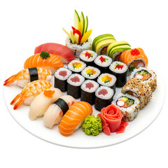 Assorted sushi platter featuring colorful rolls, sashimi, and decorative garnishes on a white plate