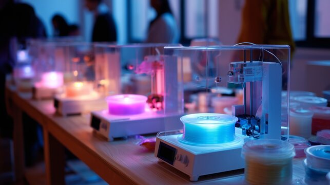 Modern technology showcased at a vibrant exhibition featuring innovative 3D printing and colorful materials