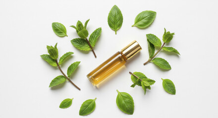 Gold Aromatherapy Roller Bottle surrounded by Fresh Mint and Basil Leaves
