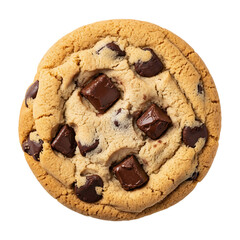 Delicious freshly baked chocolate chip cookie with gooey chocolate chunks on a white background