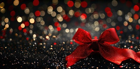 Elegant red ribbon on a dark surface with shimmering bokeh lights background