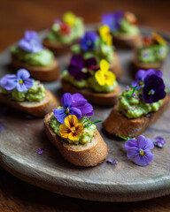 Colorful crostini topped with edible flowers