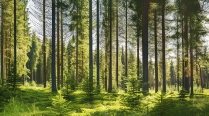 Obraz premium Sunrise filters through a lush green forest, illuminating the tall pine and birch trees in the woods