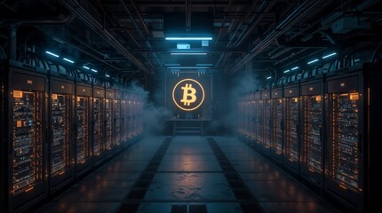 Cyberpunk Bitcoin Mining Facility – Glowing Servers & Liquid-Cooled Rigs in Futuristic Underground Vault