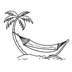 Doodle sketch vector illustration of a hammock between palm trees on transparent background for relaxation design