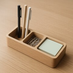 Organized wooden desk organizer with pens, paperclips, and sticky notes, on a wooden surface.