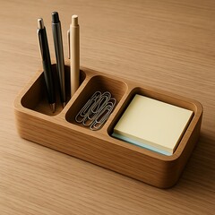 A wooden desk organizer holding pens, paperclips, and a stack of sticky notes on a wooden surface.