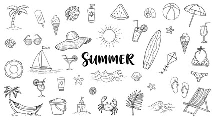 Summer doodle sketch vector illustrations collection with beach elements on transparent background